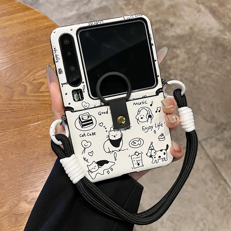 适用华为puraX阔折叠屏手机壳novaFlip猫咪狗皮质指环扣P50Pocket