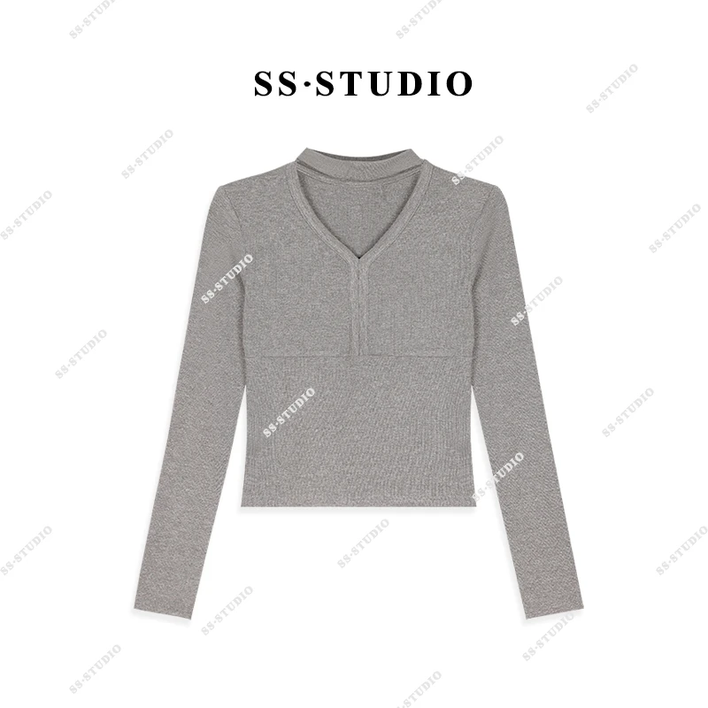 【SUSU】简约气质休闲V领长袖T恤时尚百搭打底上衣SS-5039