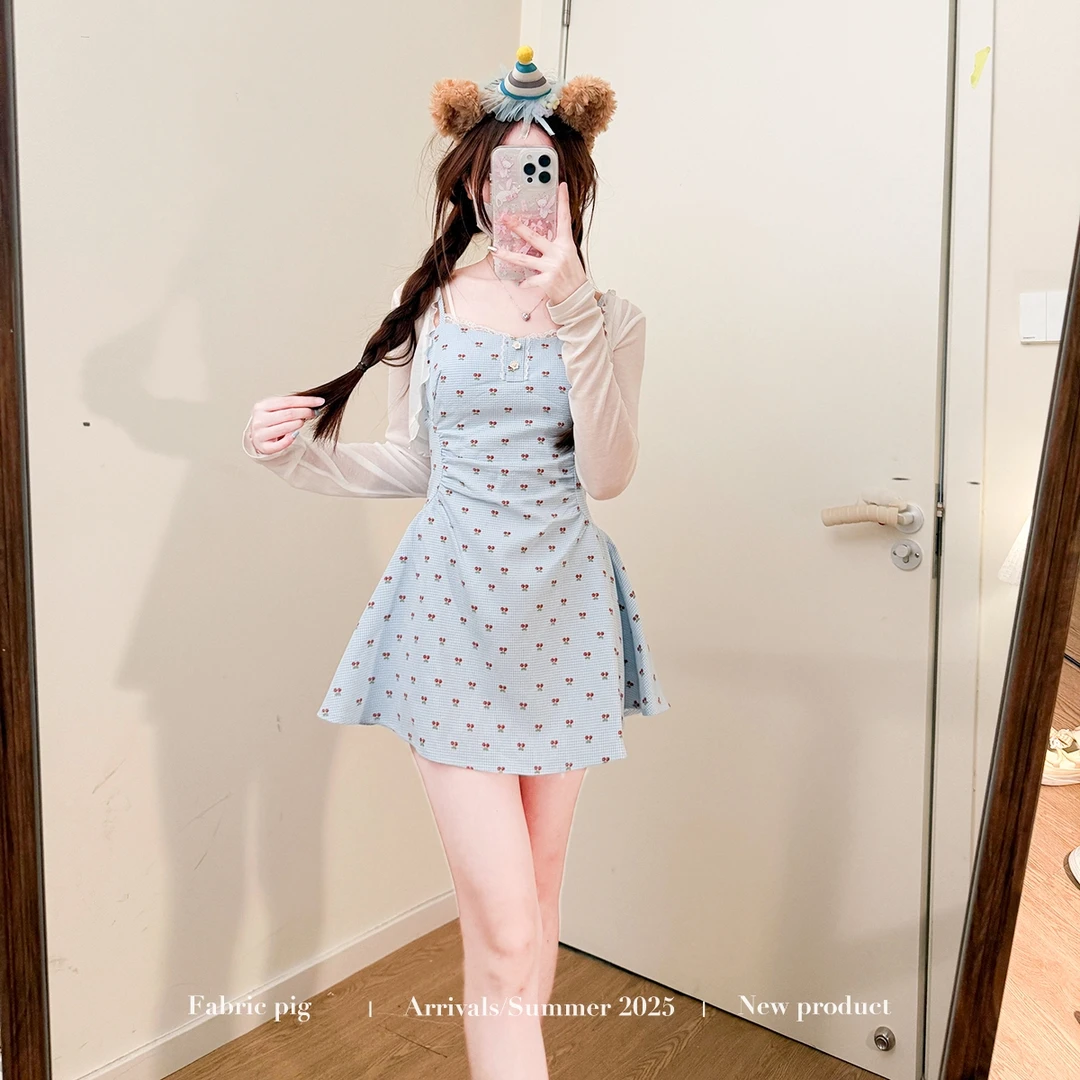 抹茶慕斯蓝色 织物猪原创 甜美风碎花吊带连衣裙小个子显瘦开衫