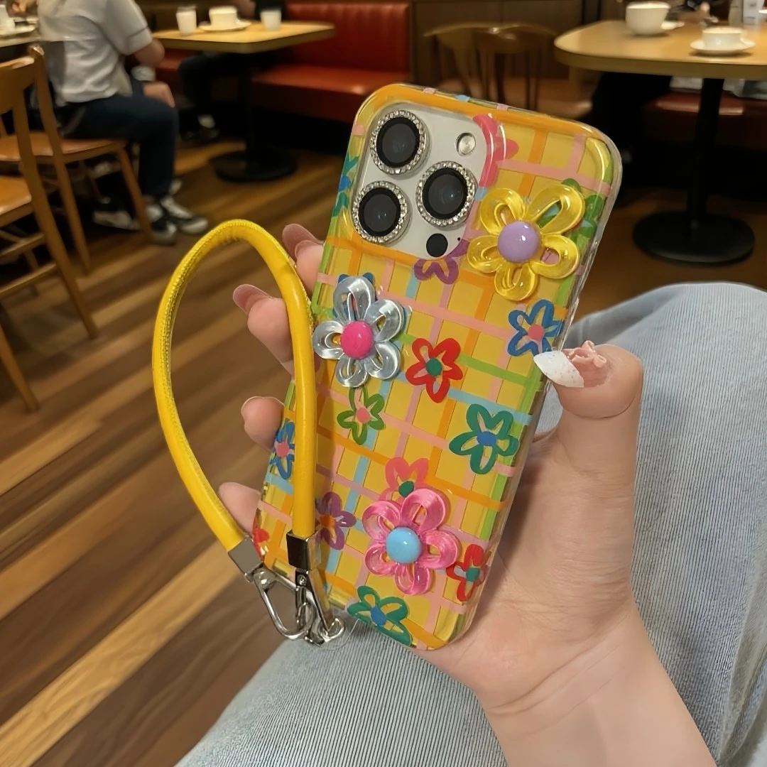 适用苹果16手机壳iPhone15/14proma多巴胺色系格纹立体花朵保护套