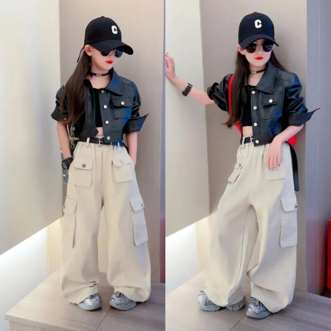 女童春秋潮酷短款皮衣洋气外套中大童宽松痞帅工装裤阔腿裤两件套