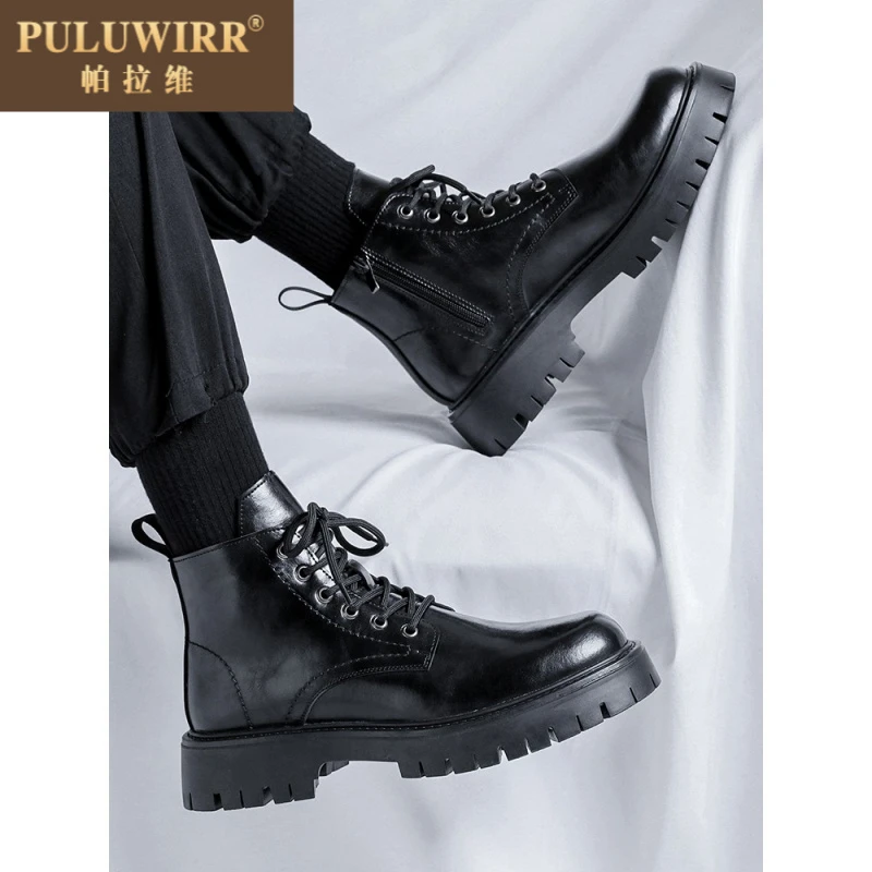 马丁靴男夏季透气英伦风高帮工装皮鞋男士厚底增高低帮机车短靴子