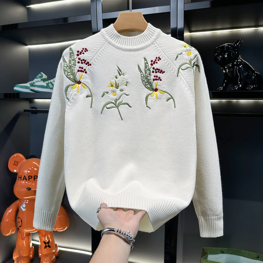 欧洲站潮牌轻奢个性花卉刺绣毛衣男冬季加厚保暖上衣圆领针织衫男