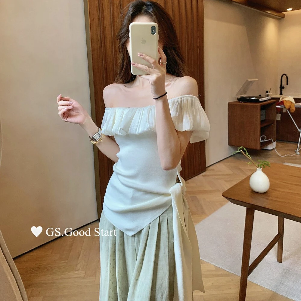 时尚洋气不规则绑带针织衫夏季新款韩版气质修身显瘦露肩薄款上衣