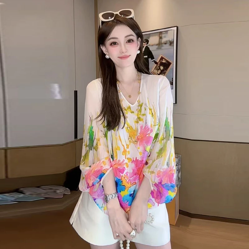 七分袖雪纺t恤女士2025春夏季新款时尚洋气大版体恤宽松休闲上衣