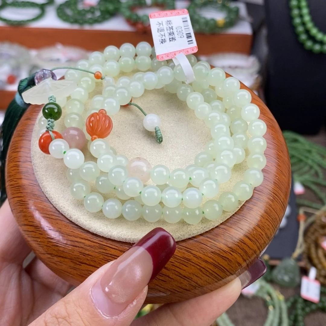 和田玉手链未镶嵌高冰晴卡6珠串108