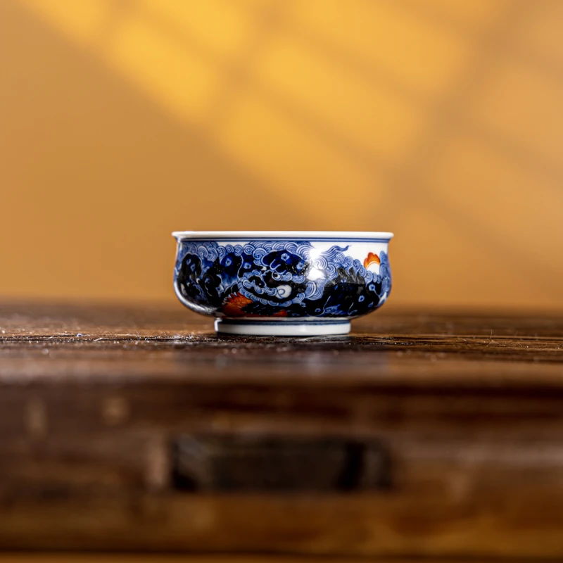 【墨舍柴窑】墨舍柴窑矾红双狮绣球炉式杯（moshe94）景德镇陶瓷手绘