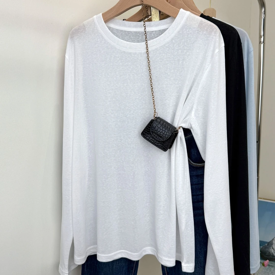 莱赛尔薄款白t恤衫女防晒空调罩衫温柔韩风净版长袖宽松上衣