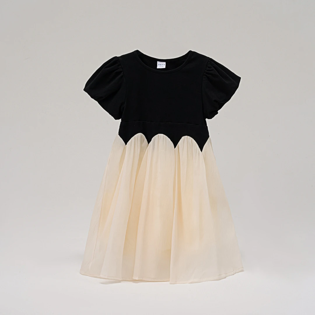 2681夏季女童法式拼色泡泡袖公主蓬蓬连衣裙25010027