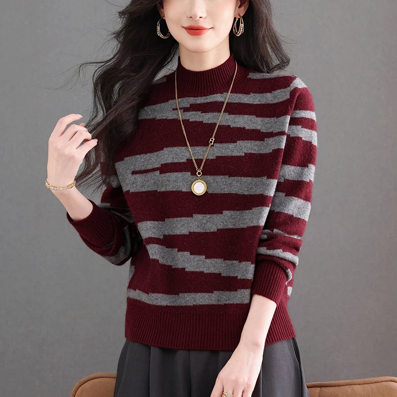 独特漂亮条纹打底衫2025新款洋气短款毛衣宽松显瘦半高领针织上衣