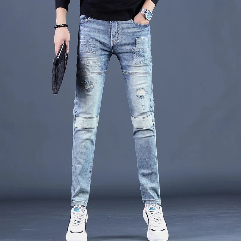 Cebrodz高端破洞补丁牛仔裤男款秋季新款小脚修身弹力潮流男裤
