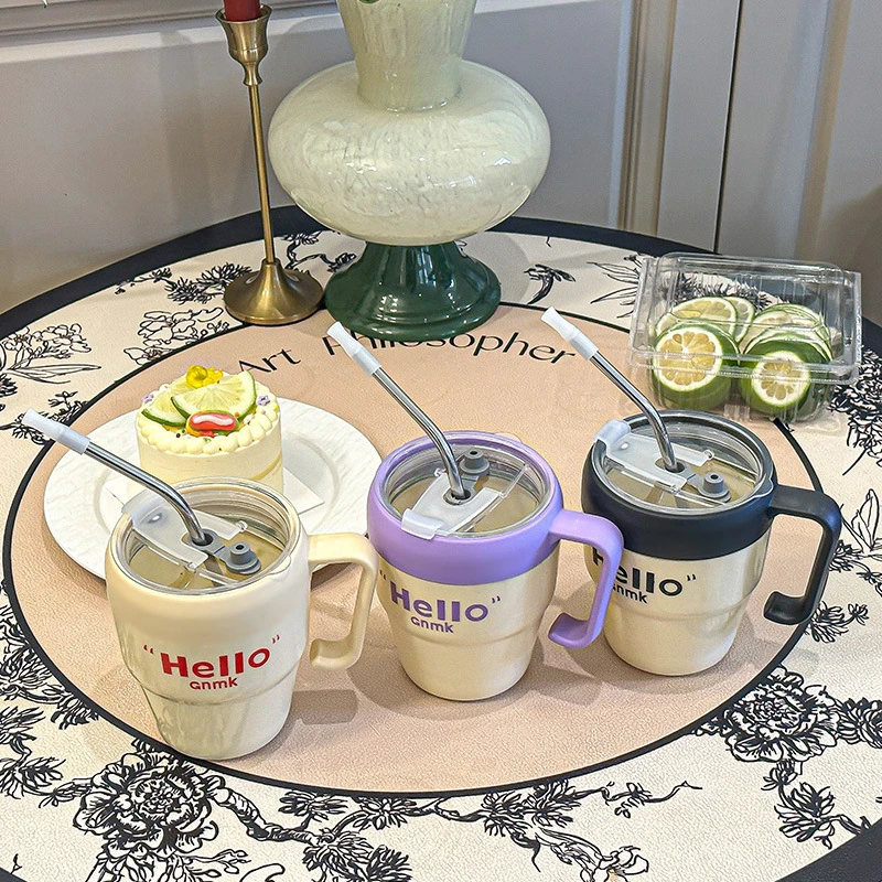 定制把手水杯女玻璃杯高颜值字母杯套夏季咖啡杯子可爱学生吸管杯