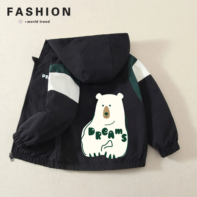 女童秋季新款薄款卡通大白熊印花连帽外套男童帅气百搭长袖上衣潮