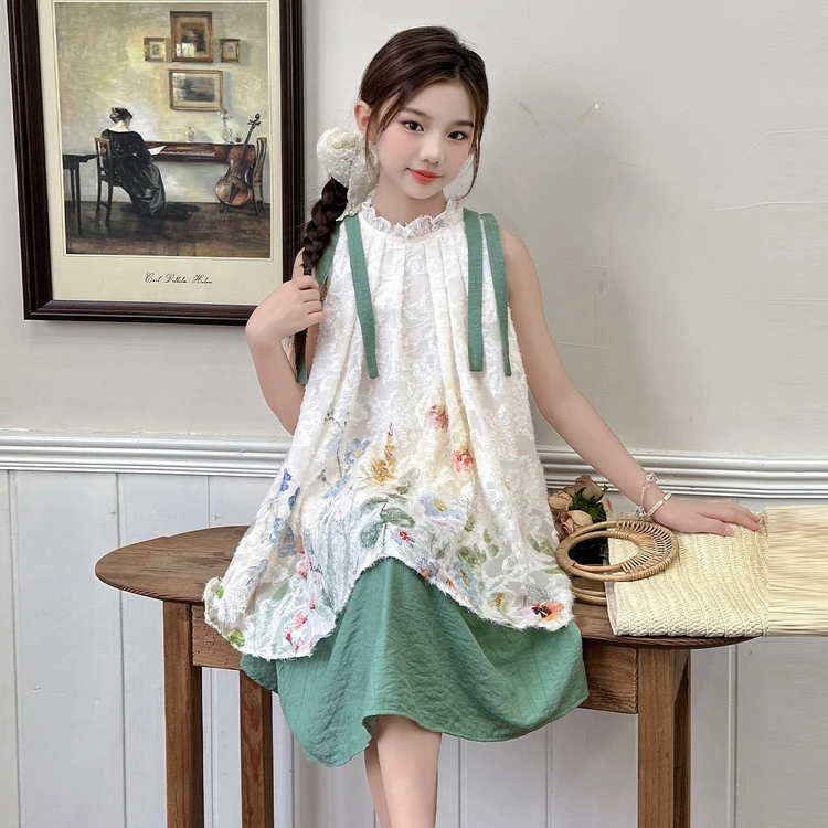 中大童9-15岁裙高端儿童公主裙女童夏装连衣裙假两件田园风背心裙