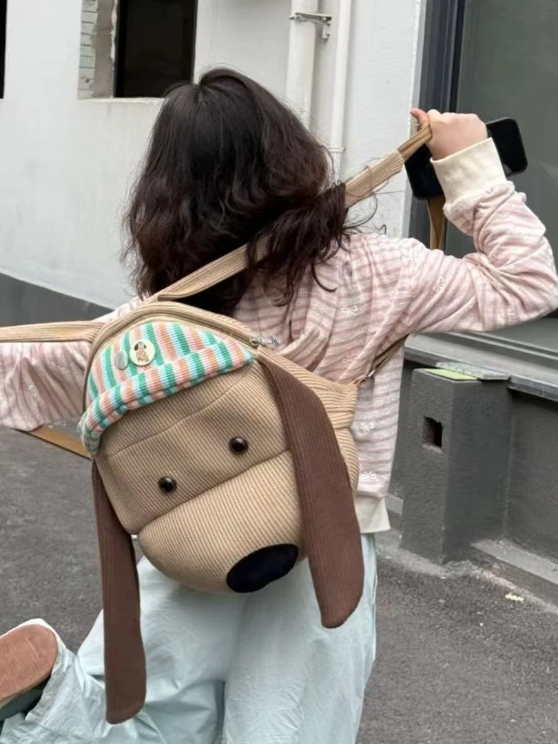 可爱卡通小狗条纹双肩包百搭时尚背包通勤外出轻便ins风书包