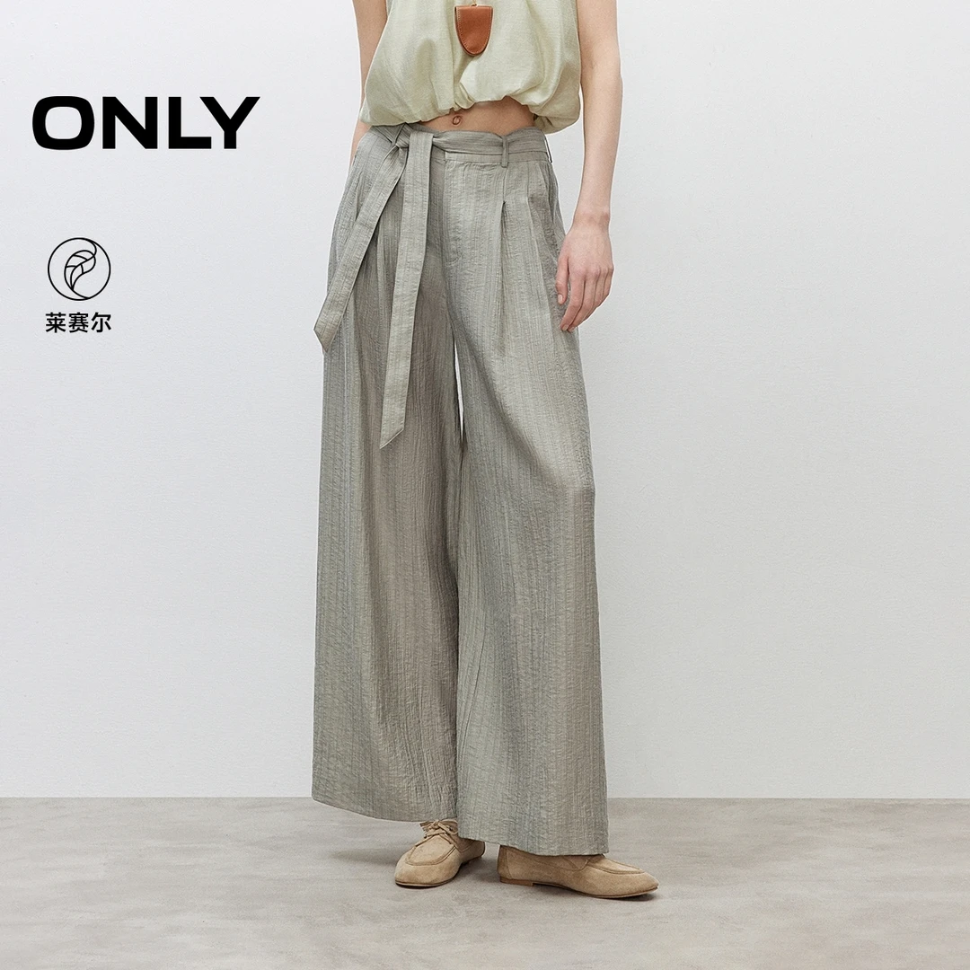 ONLY25春夏新款气质飘带设计竖条纹肌理面料宽松休闲裤|125214014