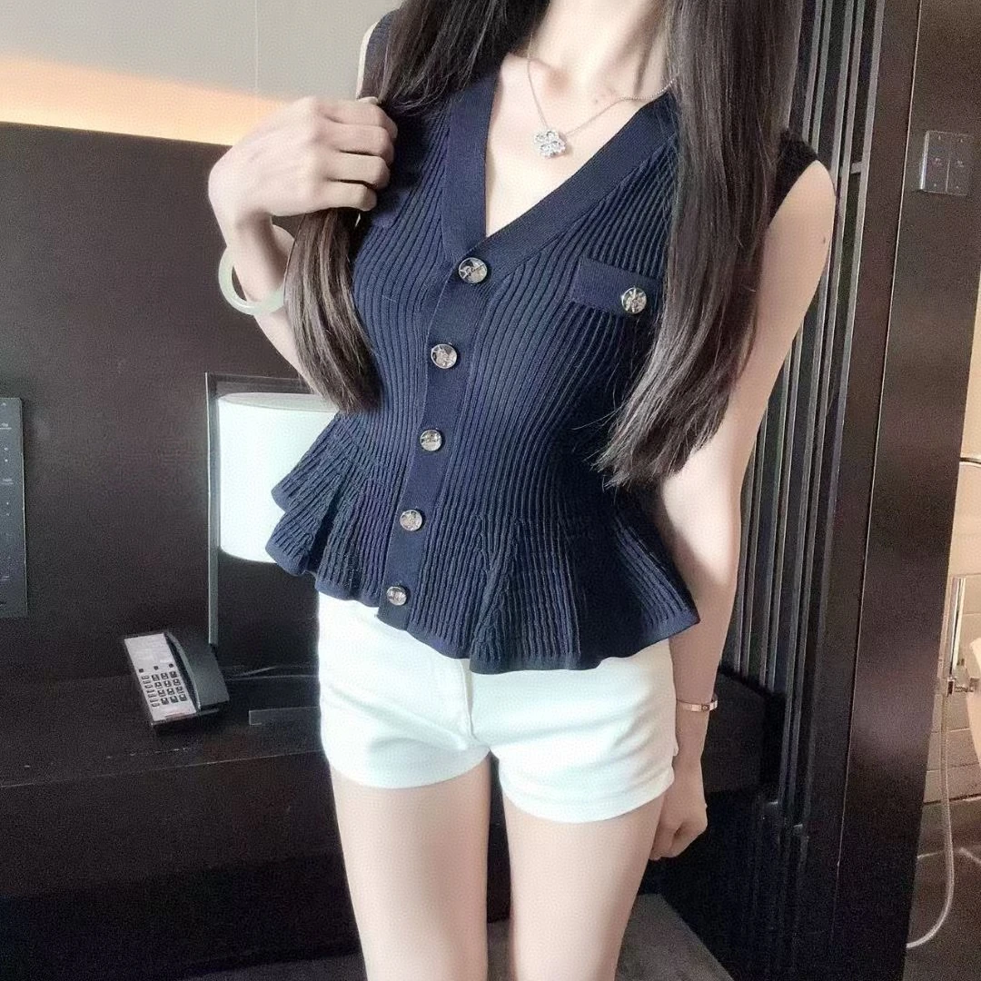 FANFAN法式V领气质显瘦无袖重工针织衫荷叶边短款单排扣夏季