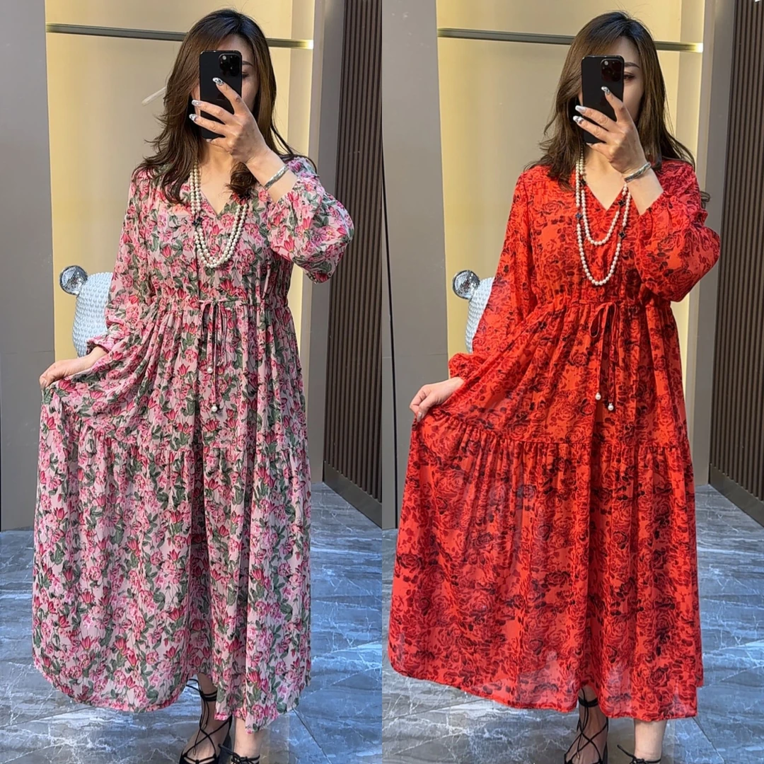 Duo+2025新款夏季V领前抽绳气质显瘦单层防晒度假沙滩连衣裙