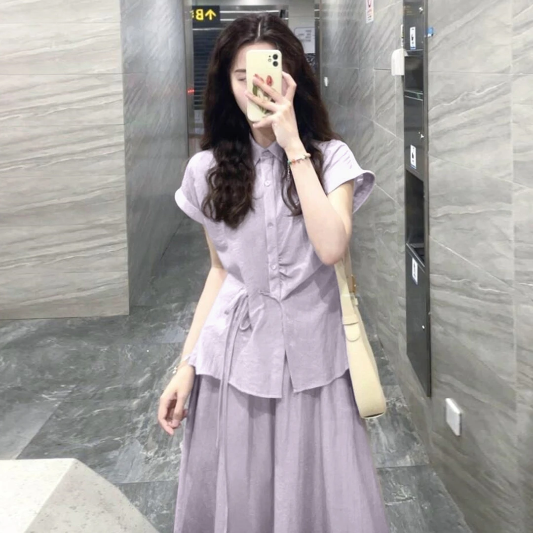 【现货+运补】韩系冷淡系紫色衬衫连衣裙子女绝美漂亮套装长裙5171