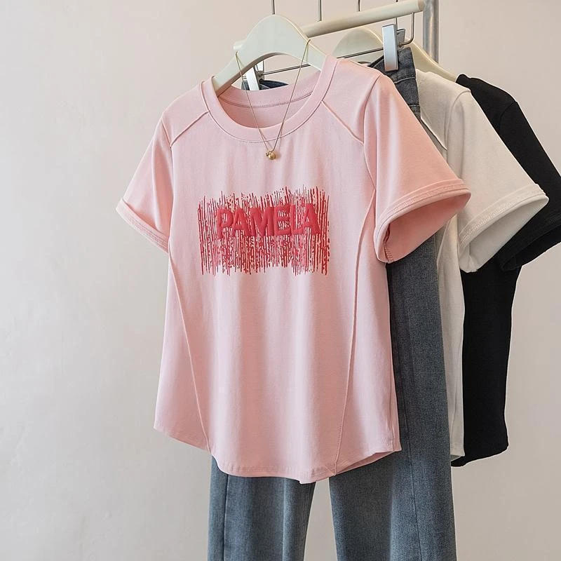 棉大码设计感鱼骨夏季泡发印花新款正肩短袖时尚胖显瘦上衣潮