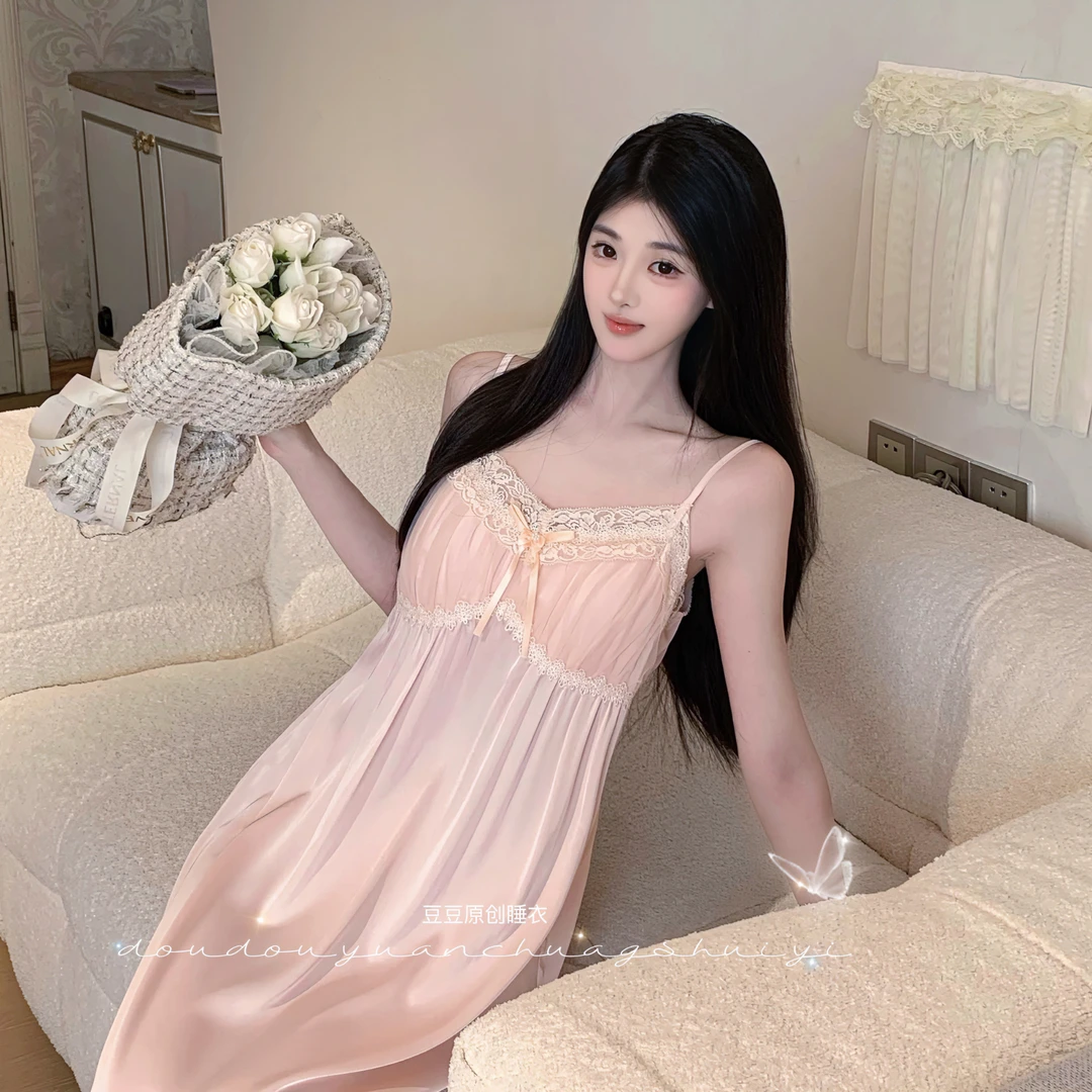 柔柔【事后清晨】柔光软丝带胸垫吊带睡裙高腰显瘦夏季显高显白