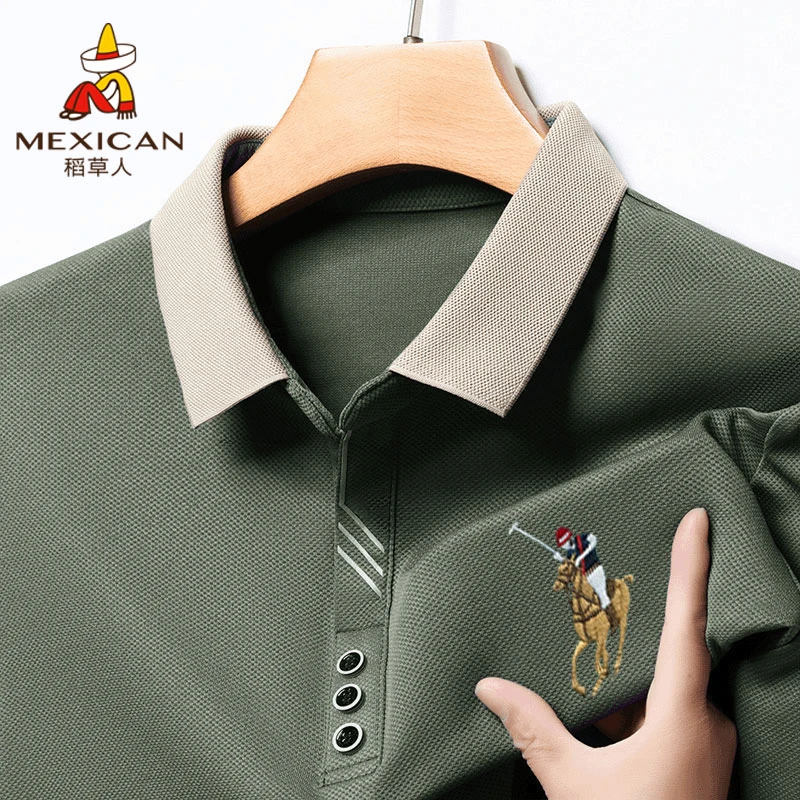 Mexican/稻草人长袖POLO衫男春秋季商务休闲上衣宽松翻领刺绣t恤
