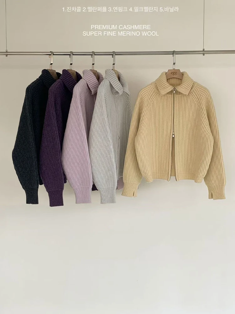 现egg东大门25年秋季新款美利奴羊毛双拉链高领这针织毛衣开衫