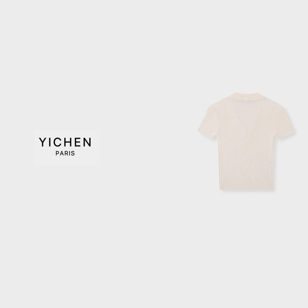 YC 藕粉色竖坑条翻领修身徽标针织短袖-6211