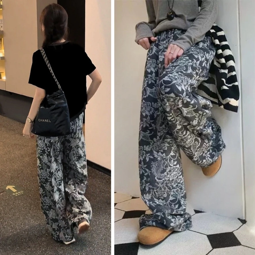 复古花纹直筒裤女2025夏季印花休闲阔腿裤垂感冰丝裤宽松百搭长裤