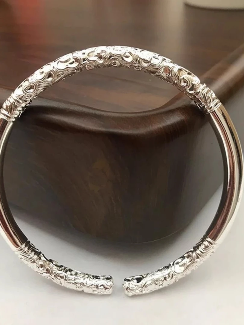 足银手镯 足银999如意金箍棒手镯男士个性霸气实心镯祥云开口