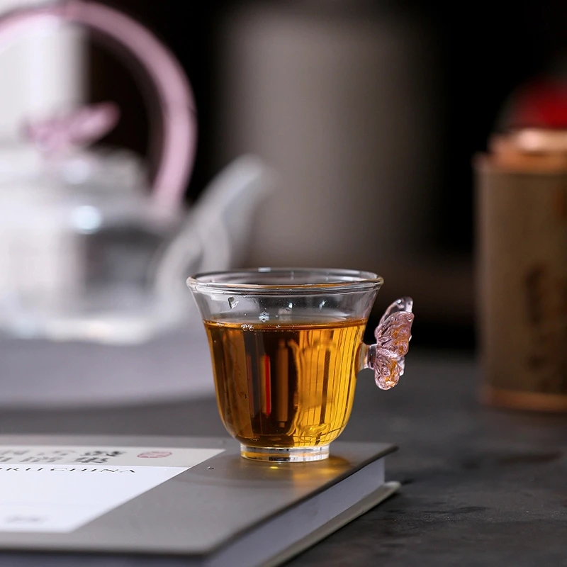 粉色蝴蝶玻璃主人杯碟恋茶杯耐热高硼硅防烫大容量茶水杯