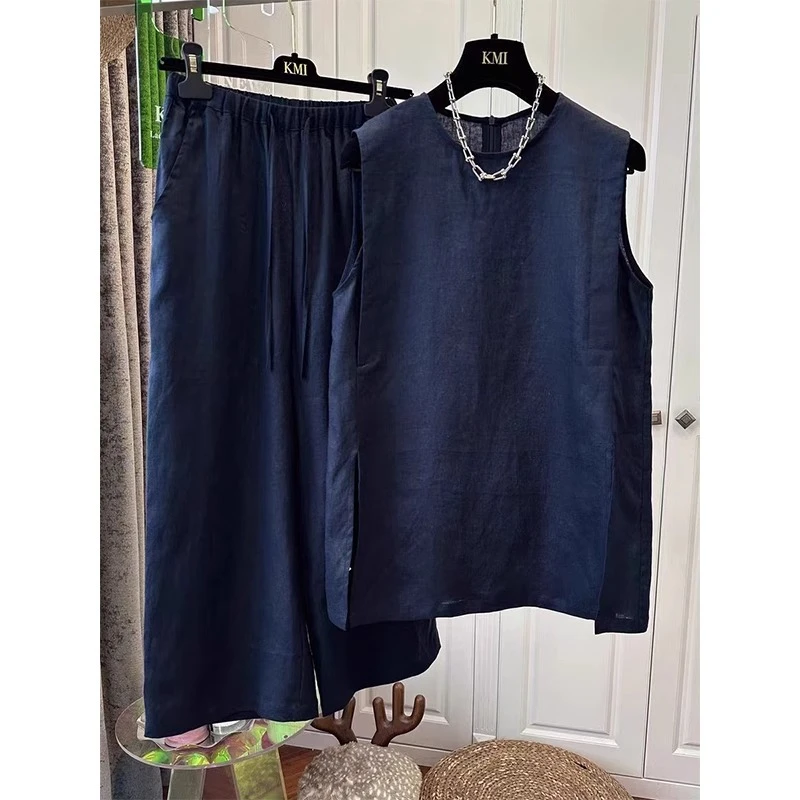 大码300斤藏青色无袖背心阔腿裤时尚两件套夏季新款气质薄款套装