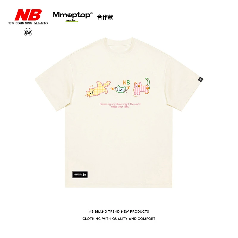 NB联名Mmoptop2025夏季时尚可爱小猫咪印花男短袖T恤休闲百搭上衣
