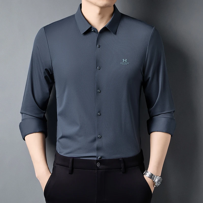 2025春季薄款120支双股纱线混纺面料 男衬衫高档中年无痕弹力商务