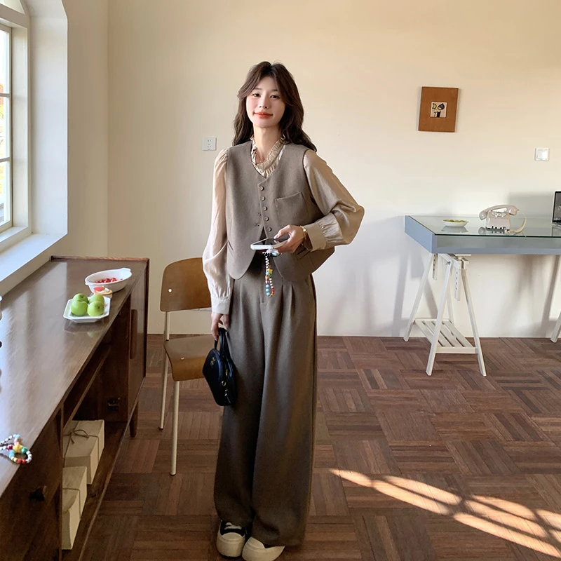 小香风马甲时尚套装女2025年春季新款韩系高级感显瘦阔腿裤三件套