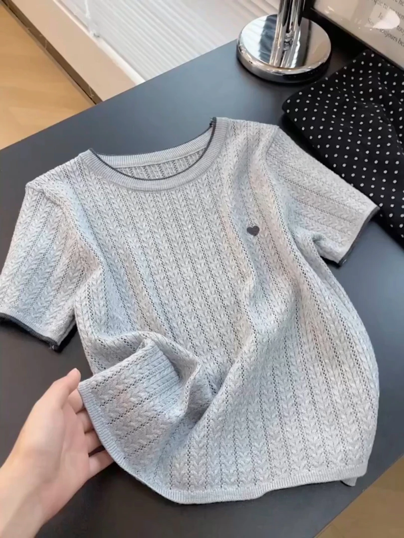 正肩针织短袖t恤女2025夏季新款撞色圆领刺绣短款内搭打底衫上衣