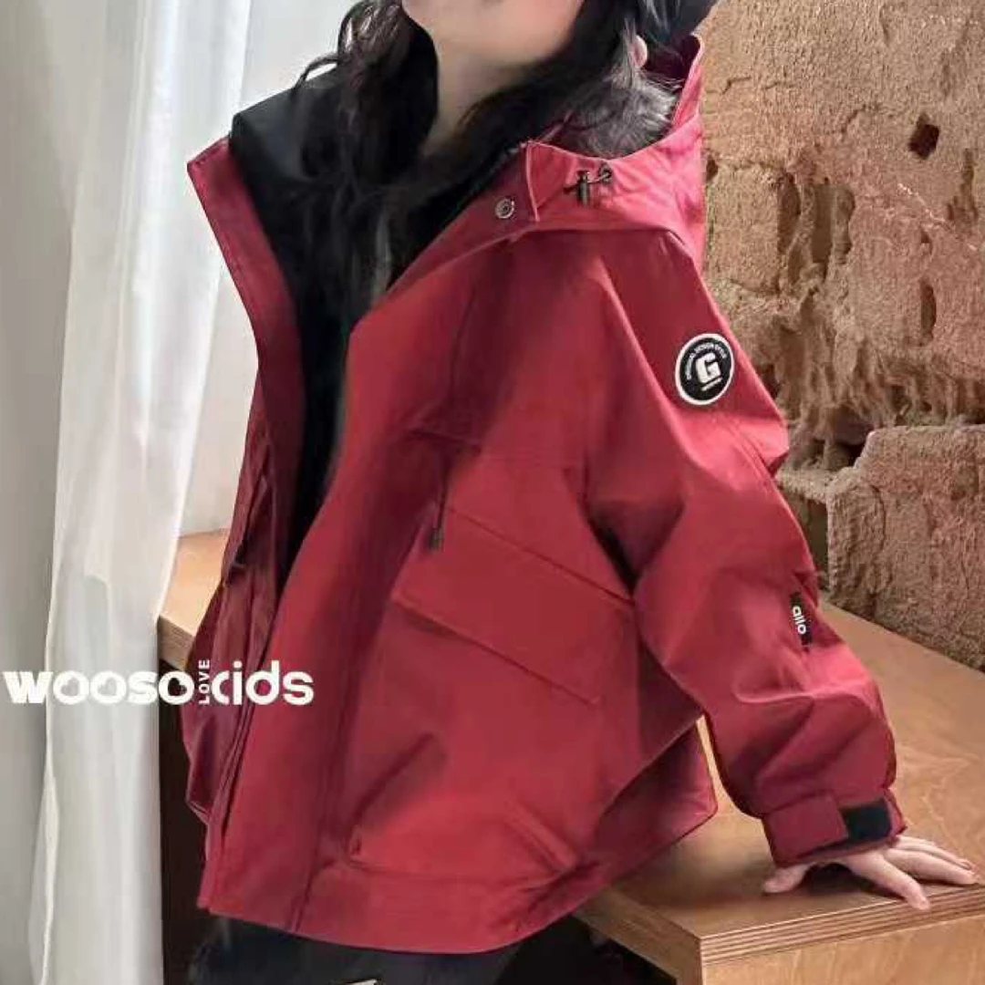 2025秋季新品外套男童男童时尚休闲外套红色工装外套冲锋衣