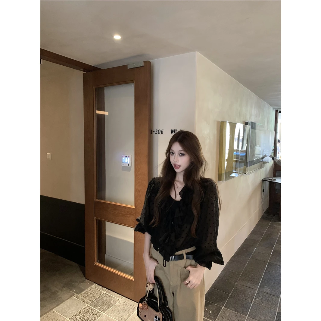 纯欲v领绑带荷叶边波点长袖雪纺衫女早秋新款时尚气质泡泡袖上衣