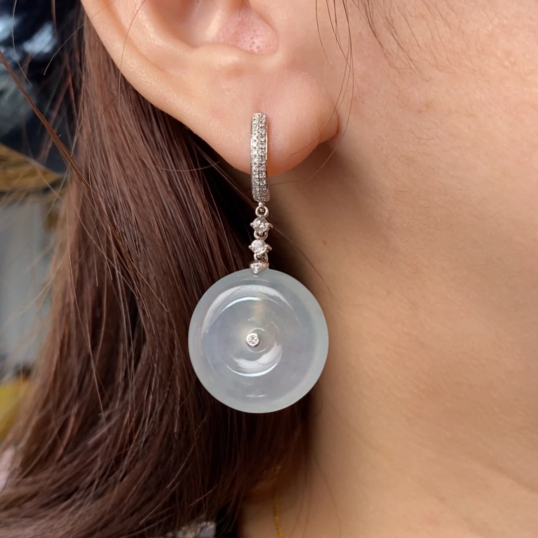 翡翠18K金镶嵌耳饰冰浅紫平安扣耳坠 一对发货