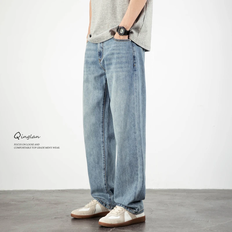 莱赛尔天丝柔软牛仔裤男直筒宽松潮流休闲大码浅色水洗春季长裤子