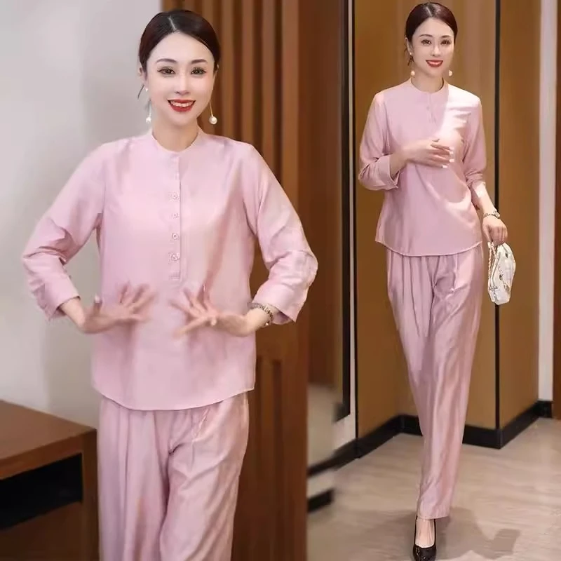 新中式时尚套装女2025春季新款洋气宽松显瘦国风衬衫阔腿裤两件套