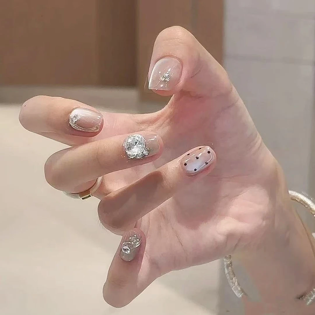 波点月光纯手工光疗美甲贴果冻贴片指甲穿戴甲简约梯形重复