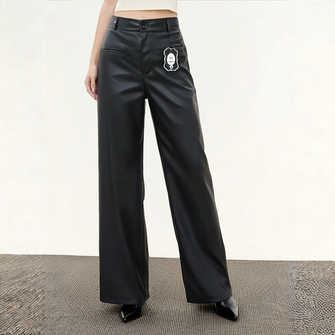 新款 加长版高腰直筒皮裤