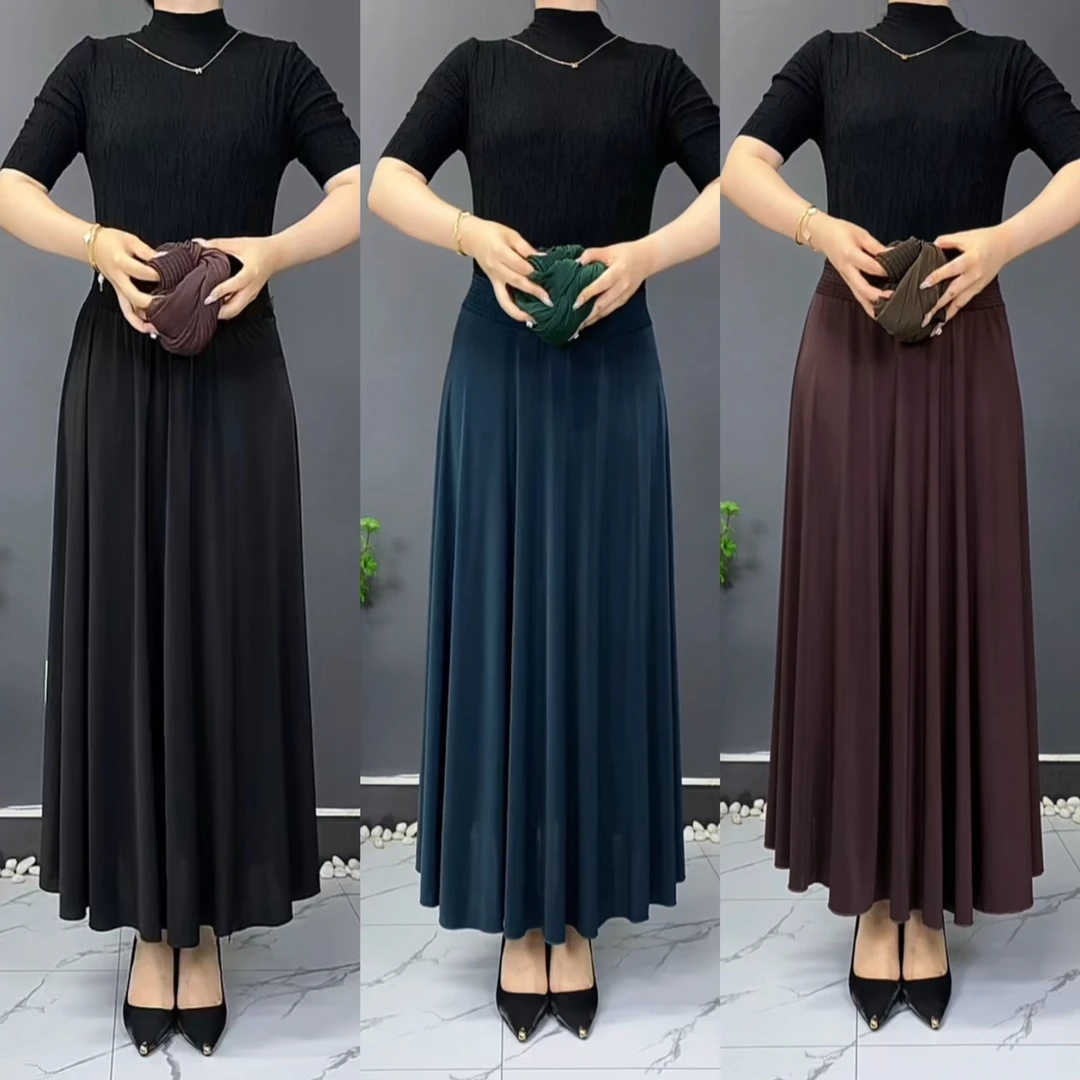 （带口袋）夏季新款冰丝垂感长裙碎花松紧腰显瘦百搭气质纯色半身裙