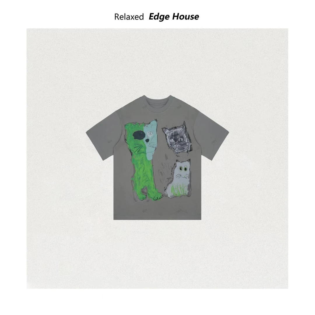 【嘻嘻家】蒙圈猫咪  简笔画涂鸦百搭T恤短袖男女同款圆领卡通