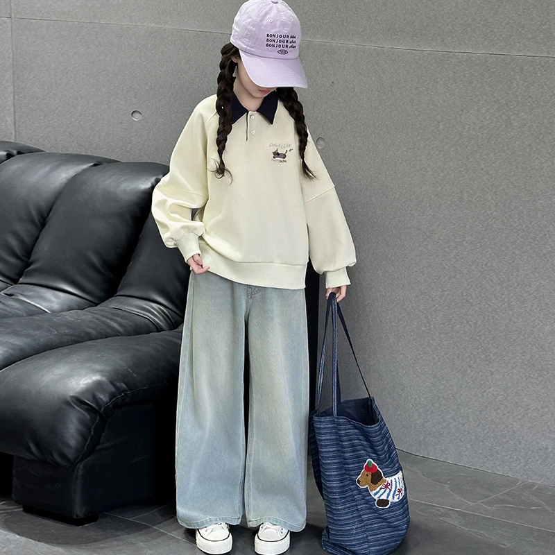 女童时尚POLO衫卫衣套装2025新款中大儿童6-12岁15春装休闲牛仔裤