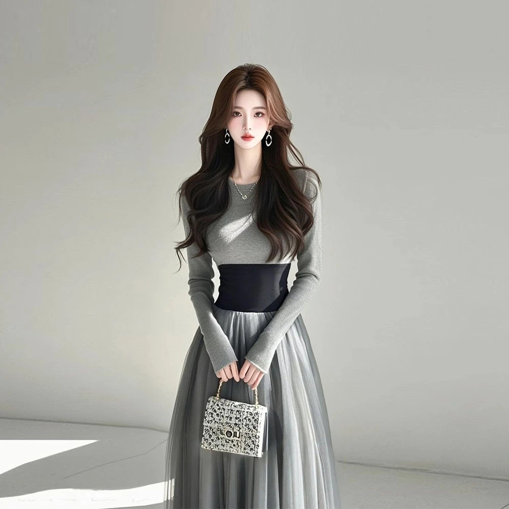 法式富家千金高级感穿搭气质名媛小香风灰黑撞色连衣裙女2025春季