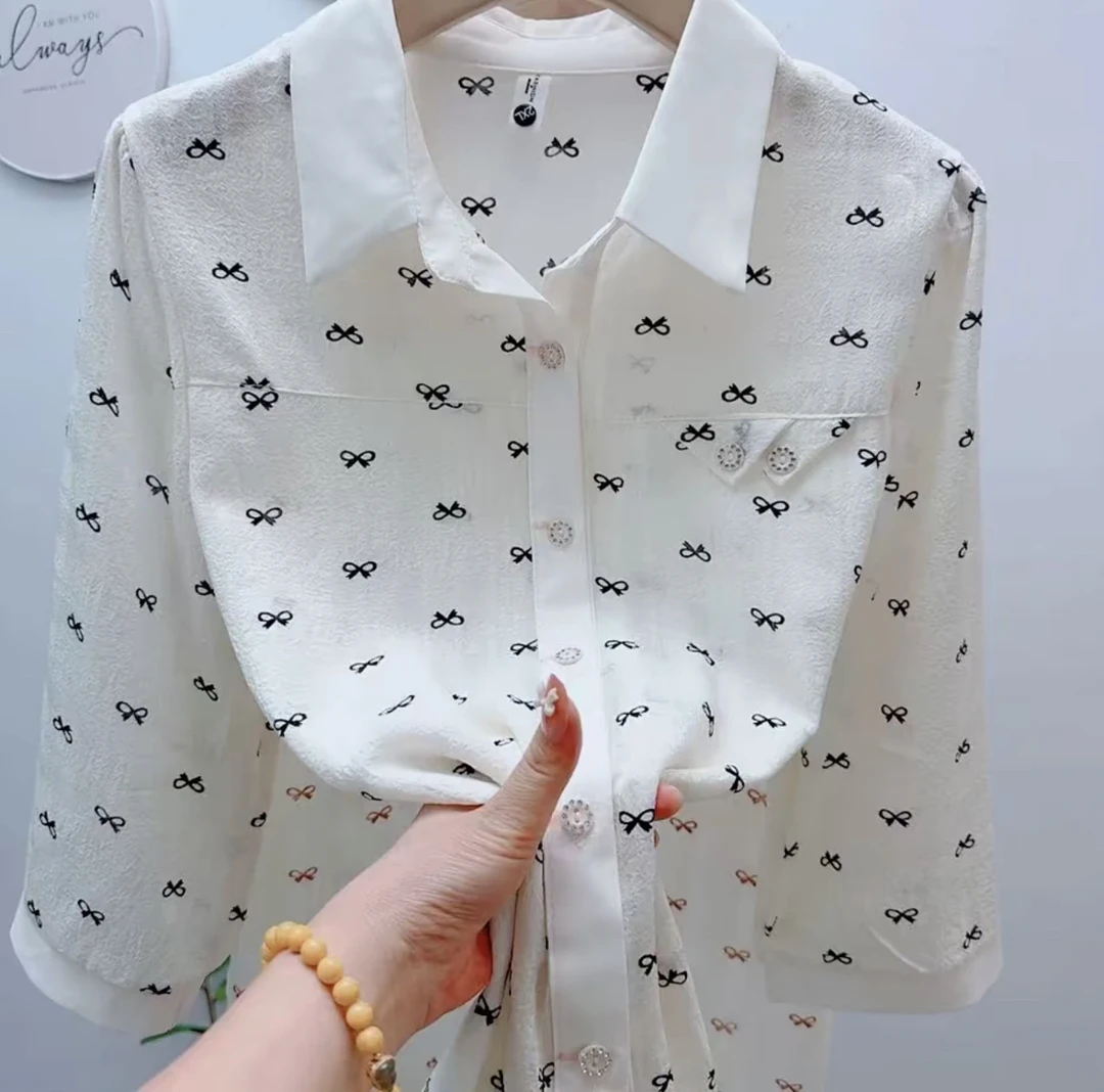 夏款蝴蝶结七分袖衬衫百搭减龄妈妈装夏季新款宽松显瘦女装小花衫