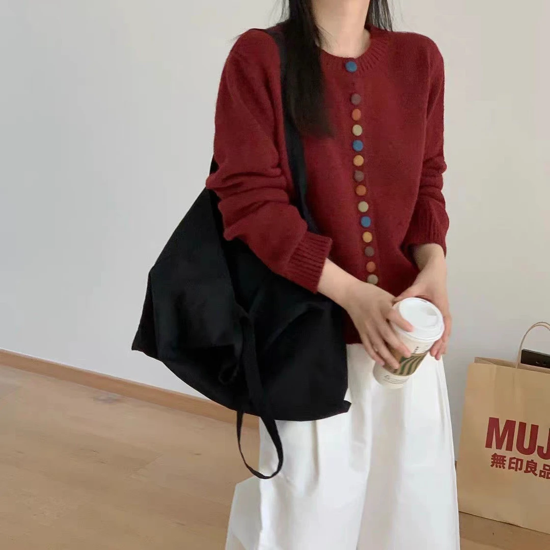 秋冬彩扣针织衫开衫外套女春秋2025新款宽松毛衣灰色春装女装上衣
