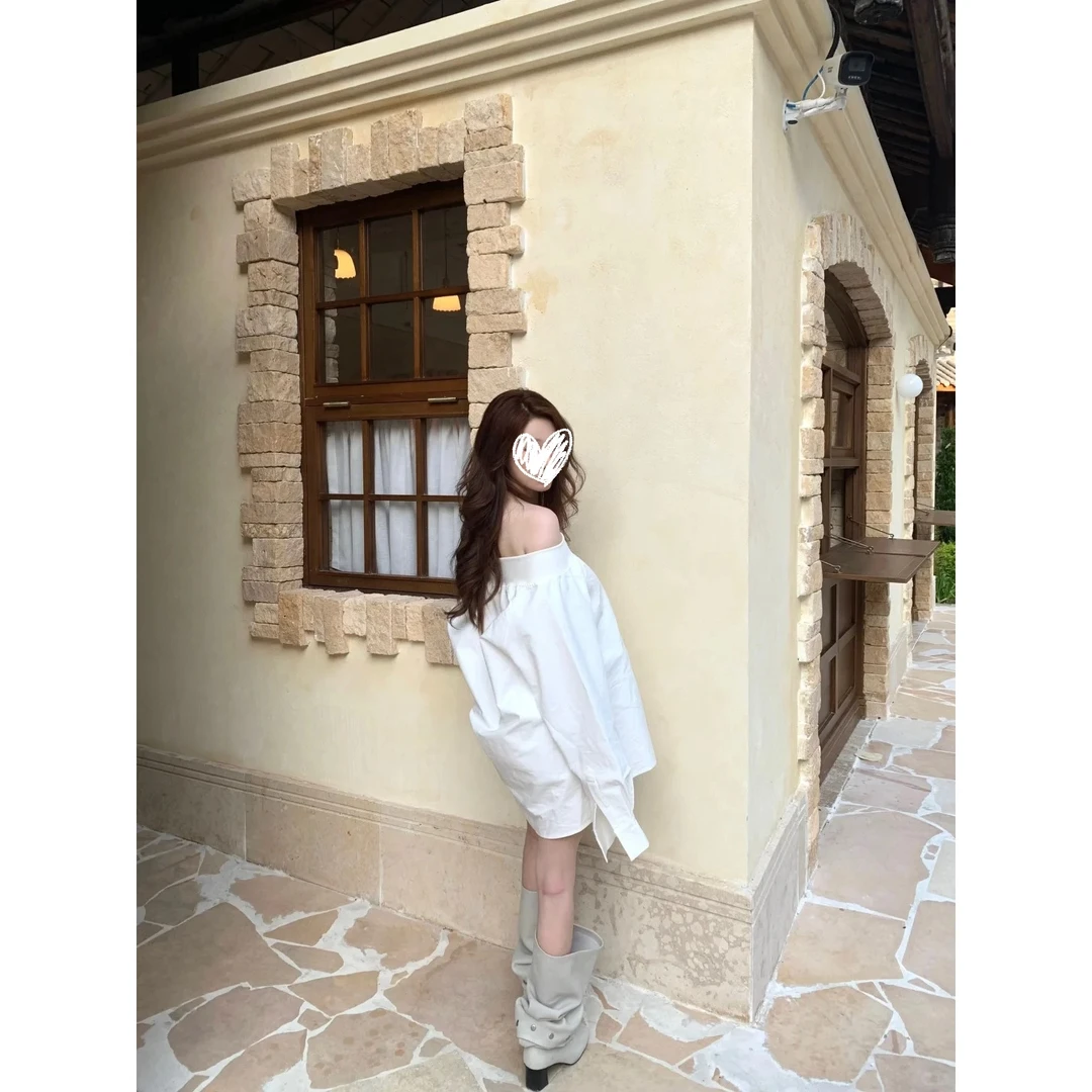 韩系简约一字肩长袖宽松衬衫女秋季小众设计感中长款衬衣女